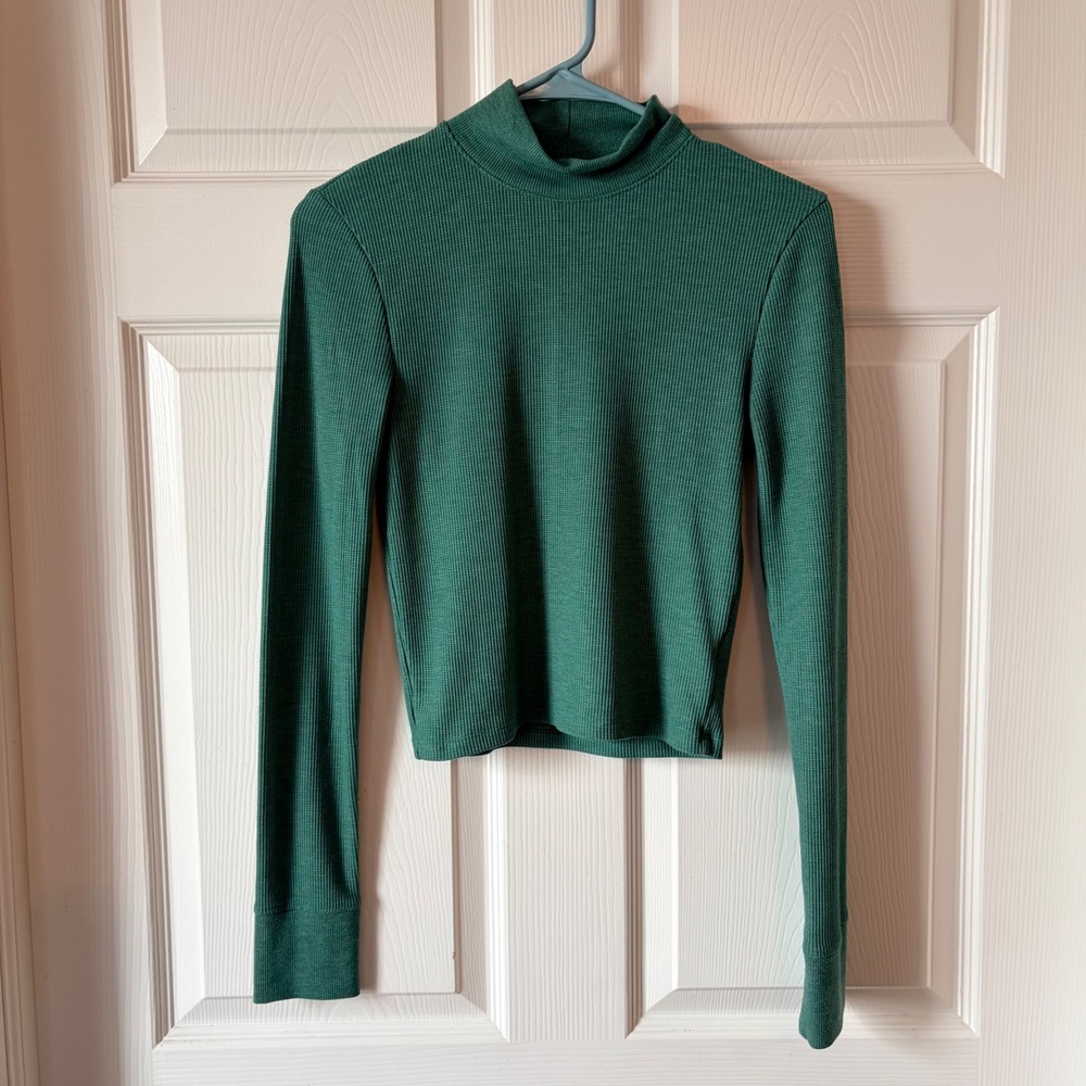 American Eagle Womens Mock Neck Ribbed Long Sleeve Top Forest Green Size Medium